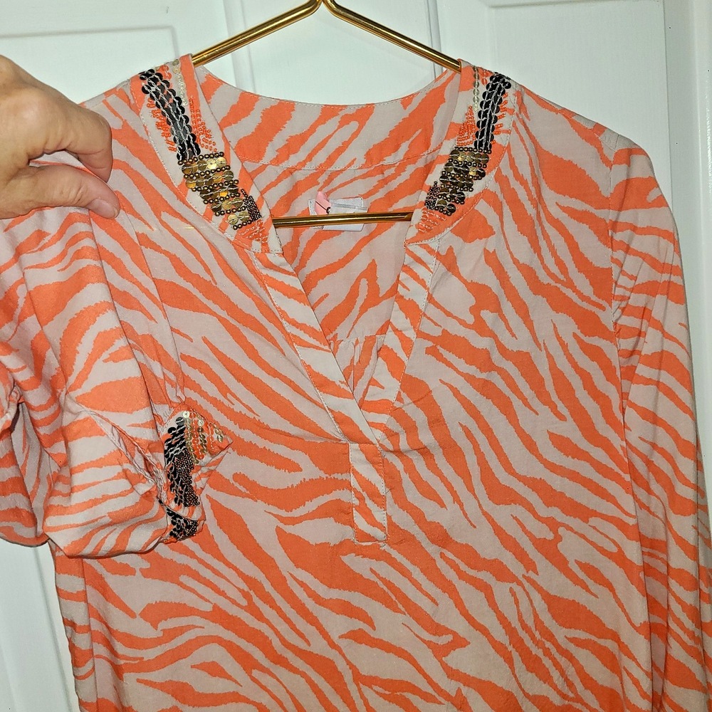 Chicos Top Womens 0 Embellished Orange Zebra Tunic Beaded Blouse V-Neck Shirt
